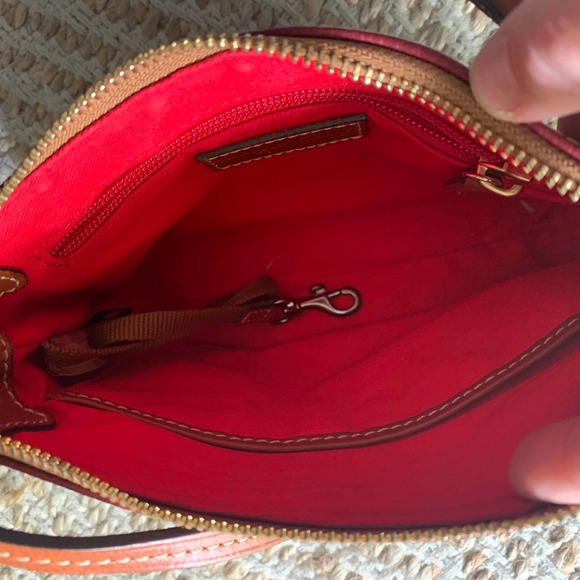 Dooney Bourke Small Crossbody Purse- Red Leather, Brown Trim and strap - Boho - Picture 4 of 6